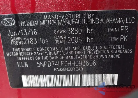 2017 Hyundai Elantra Se from USA, damaged, VIN 5NPD74LF0HH093606